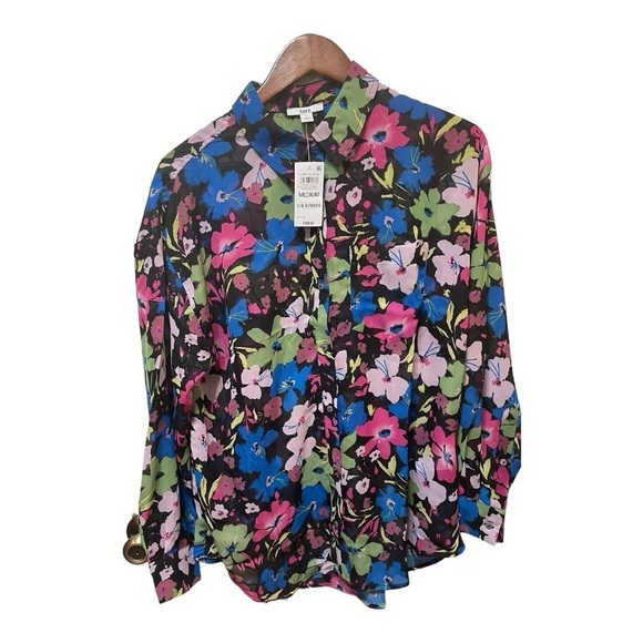 Bar III Chiffon Blue Pink Yellow Floral Button Up Work Casual Blouse sz M NWT - Picture 6 of 10